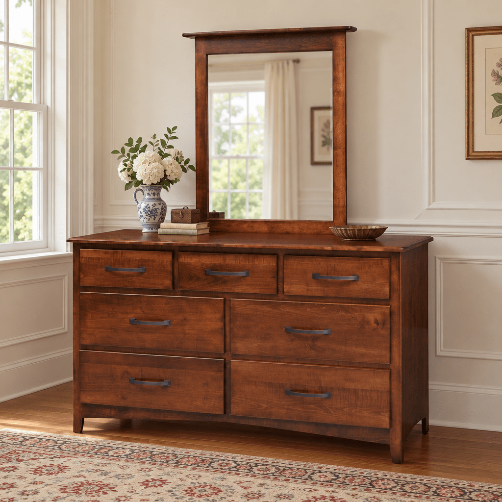 Amish Concord 7-Drawer Triple Dresser shown in the bedroom of a traditional colonial home