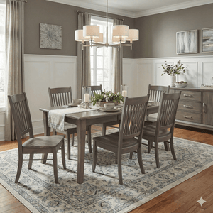 Gray stained rectangular dining table with six slat back chairs, matching sideboard and a chandelier above