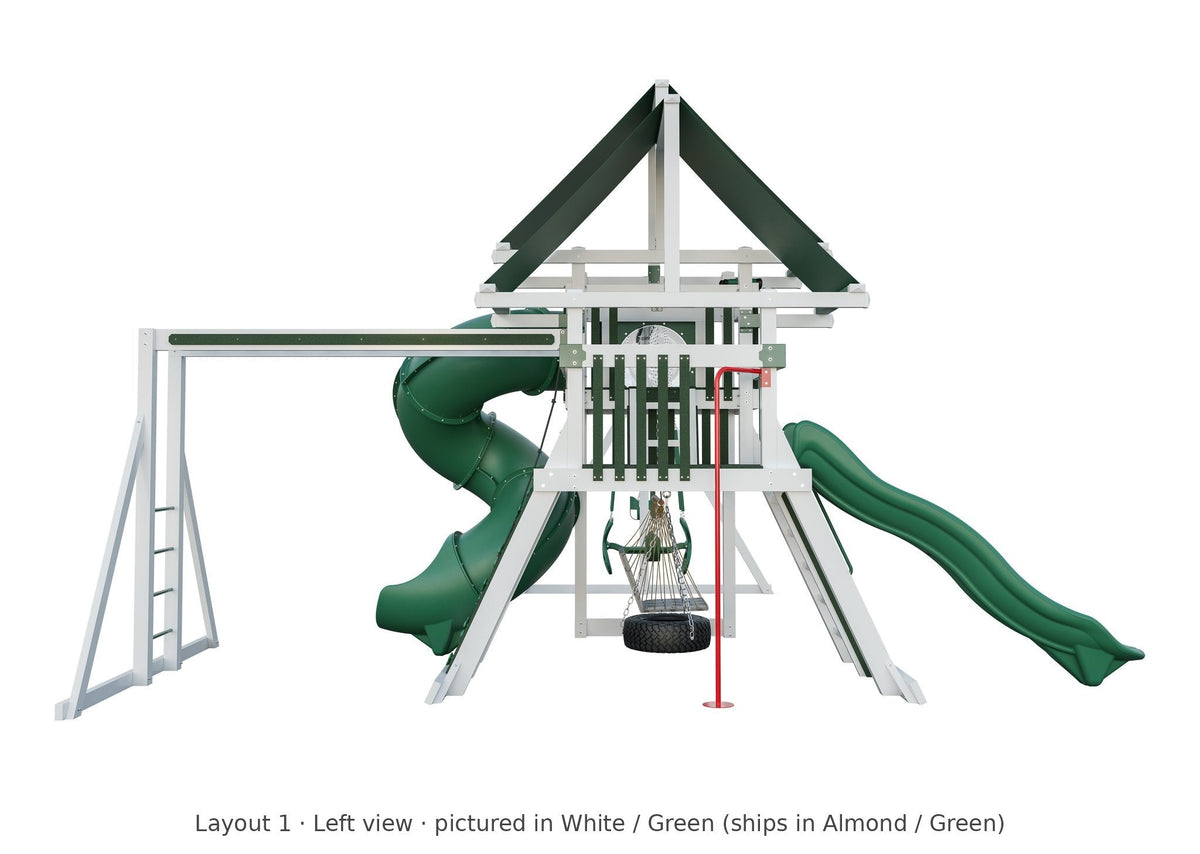 Amish Concord Vinyl Playset & Swing Set Kit – Layout 1, left view (shown in White with Green accents)
