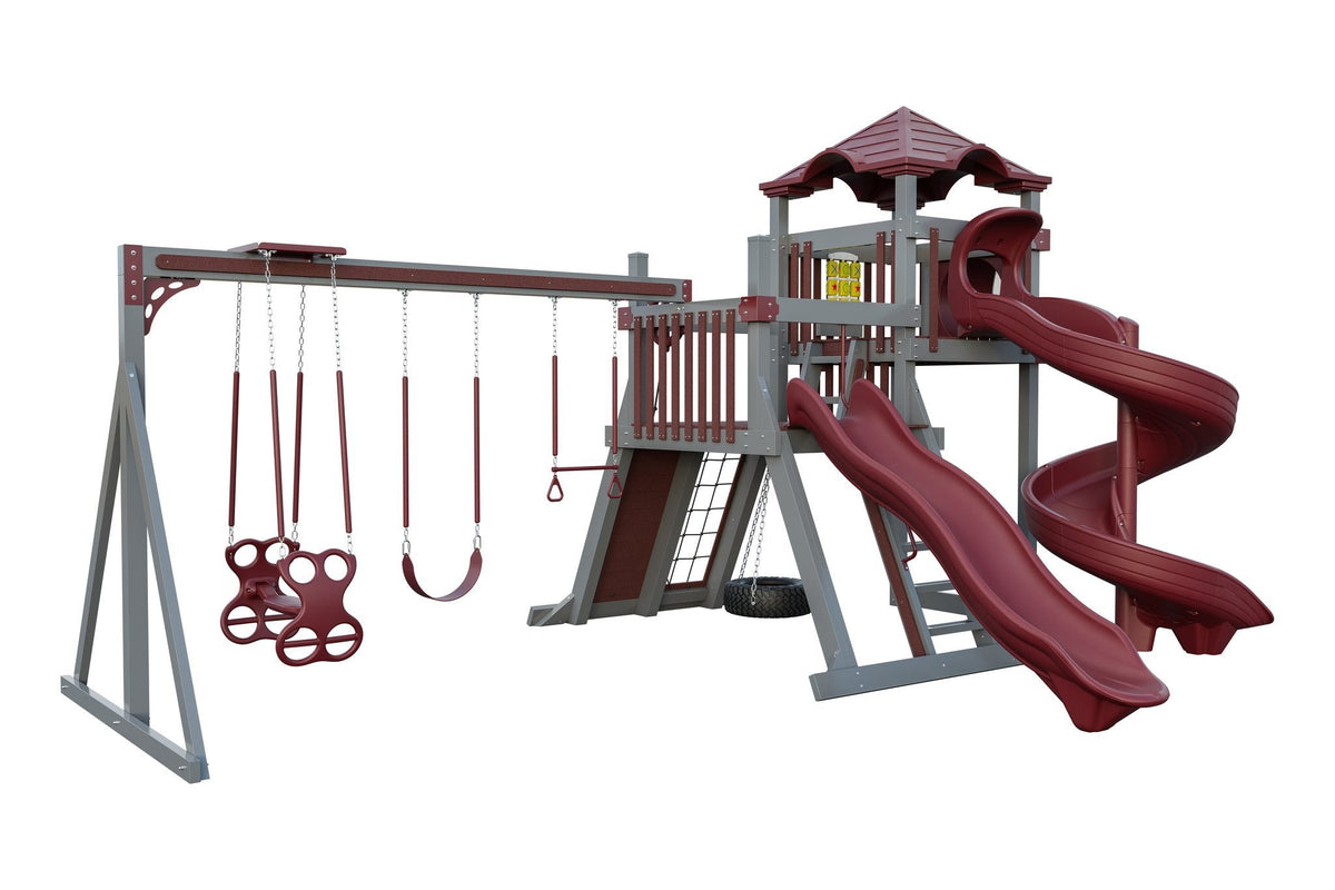 Amish Concord Vinyl Playset & Swing Set Kit – Layout 2, Slate Gray with Red accents