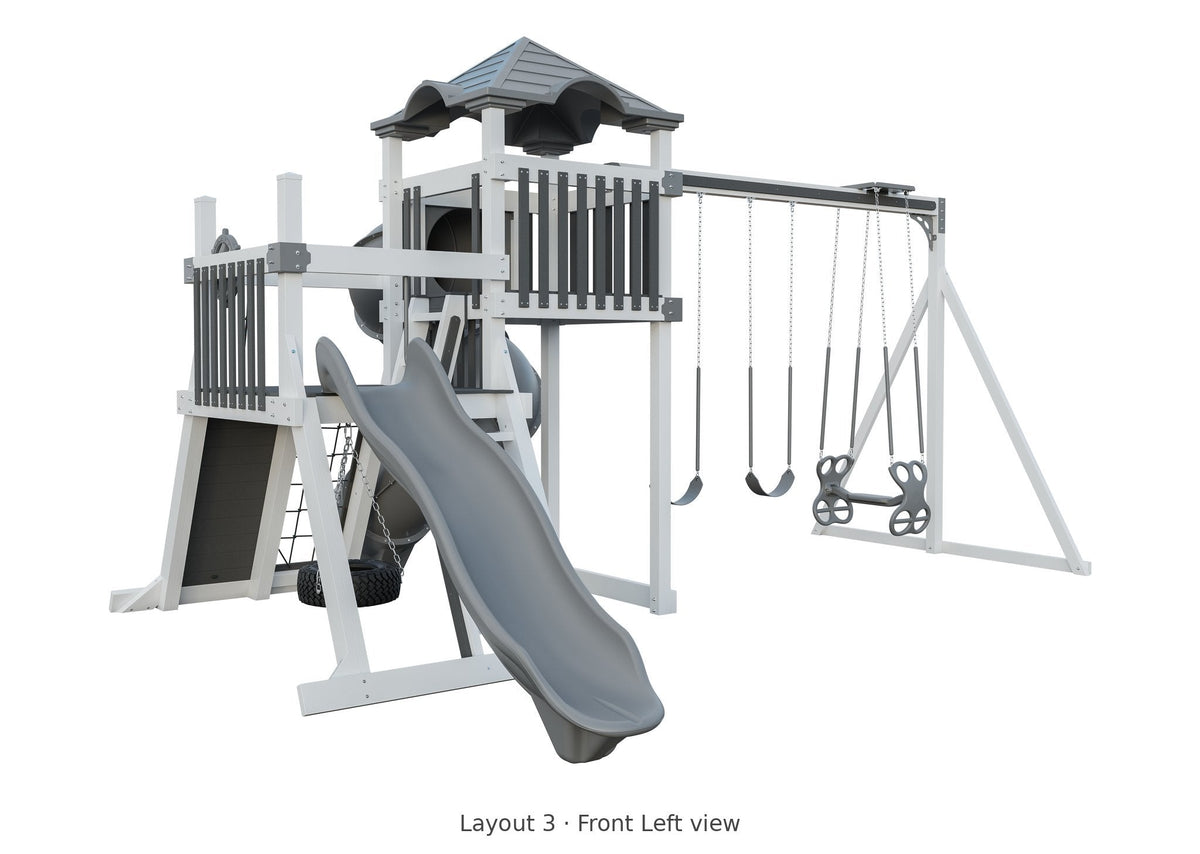 Amish Concord Vinyl Playset & Swing Set Kit – Layout 3, front left view