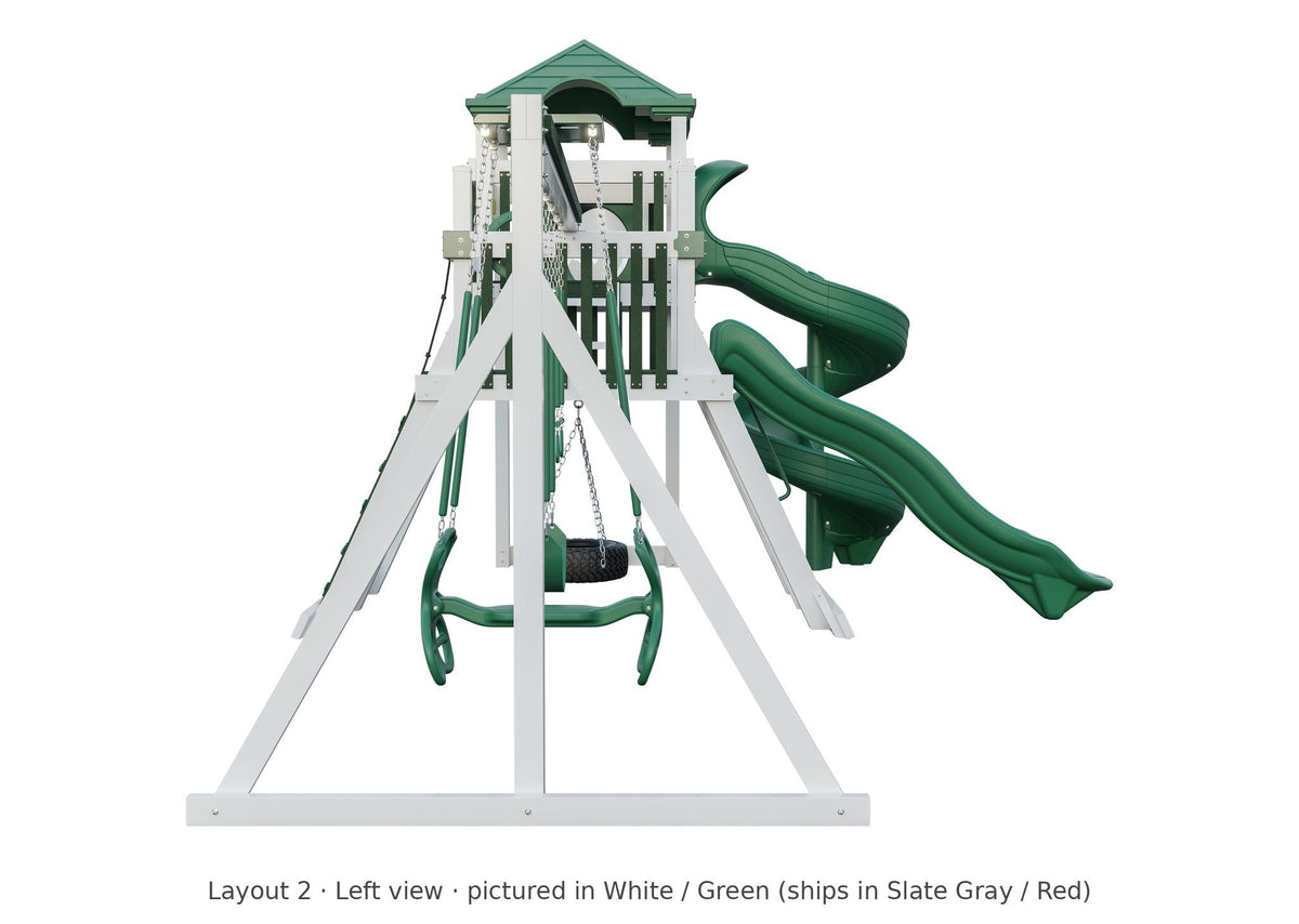 Amish Concord Vinyl Playset & Swing Set Kit – Layout 2, left view (shown in White with Green accents)