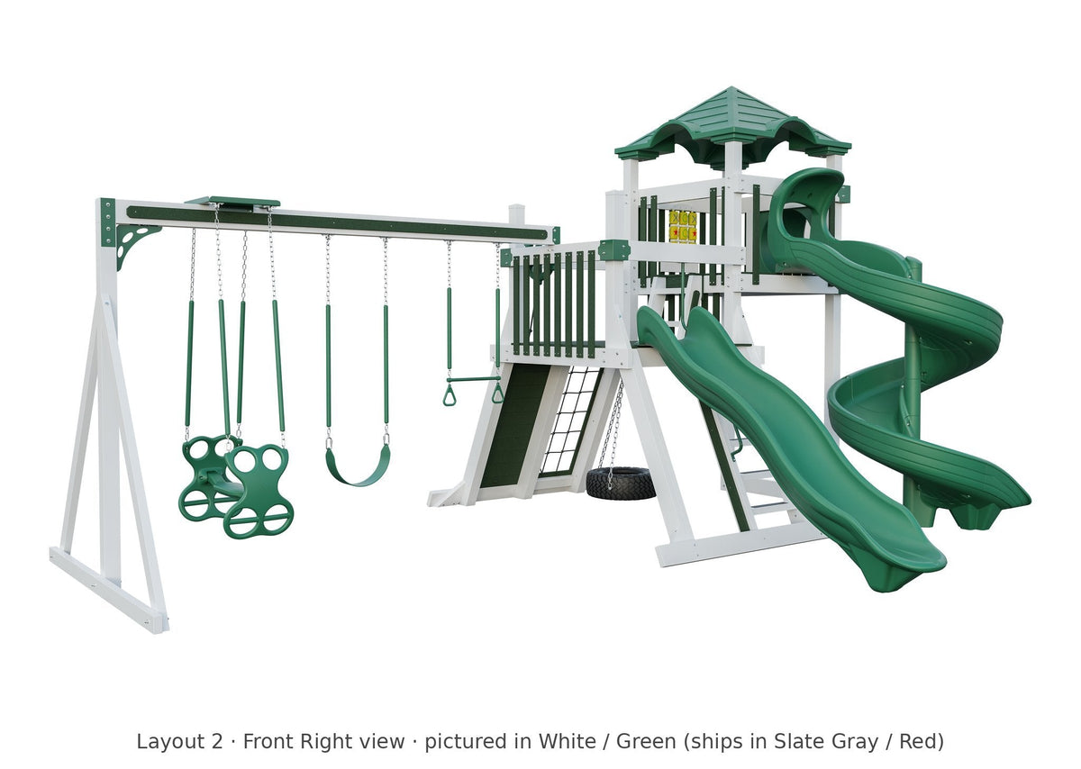 Amish Concord Vinyl Playset & Swing Set Kit – Layout 2, front right view (shown in White with Green accents)