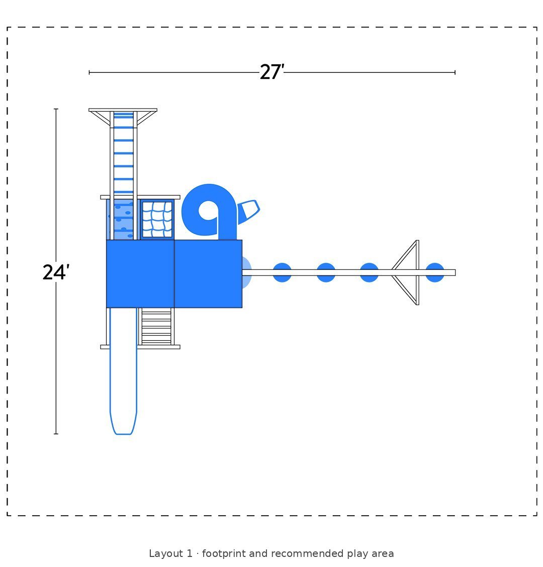 Amish Concord Vinyl Playset & Swing Set Kit – Layout 1 footprint and recommended play area diagram