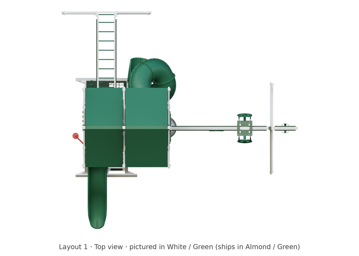 Amish Concord Vinyl Playset & Swing Set Kit – Layout 1, top view (shown in White with Green accents)