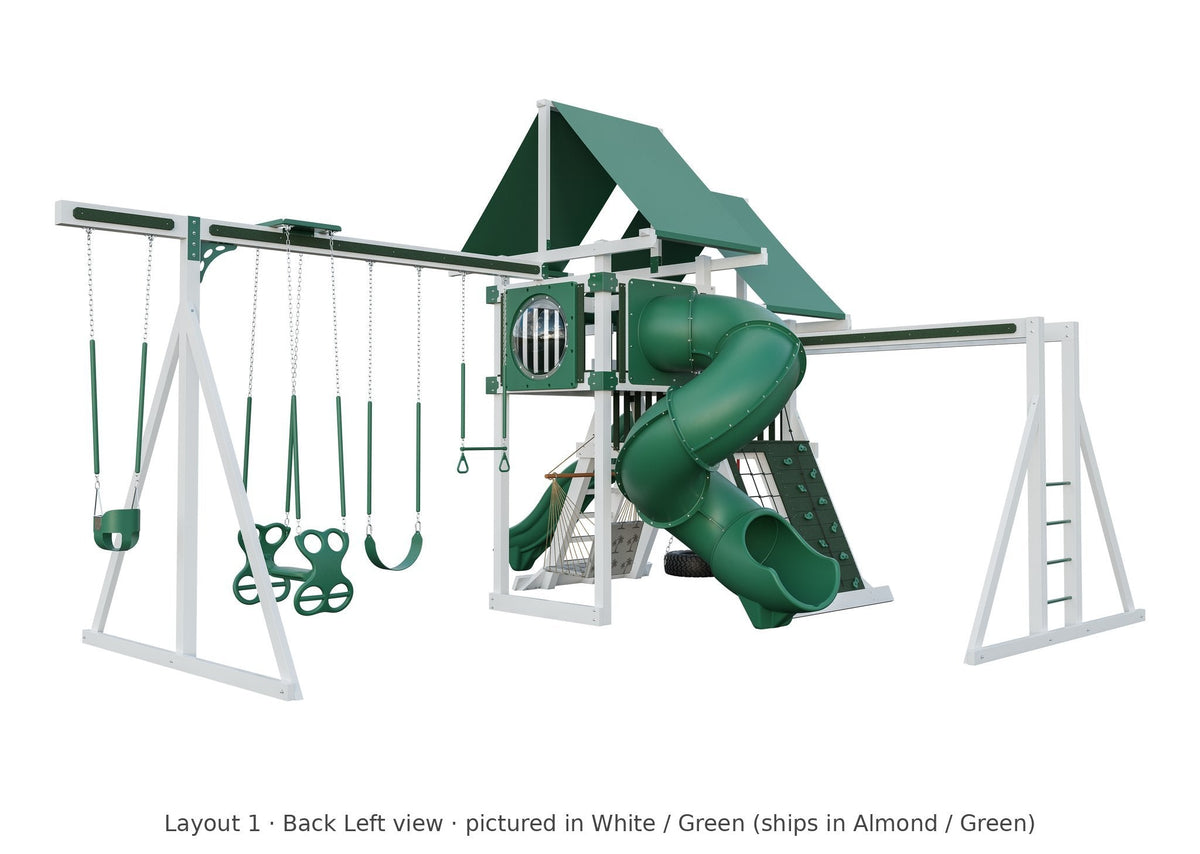 Amish Concord Vinyl Playset & Swing Set Kit – Layout 1, back left view (shown in White with Green accents)