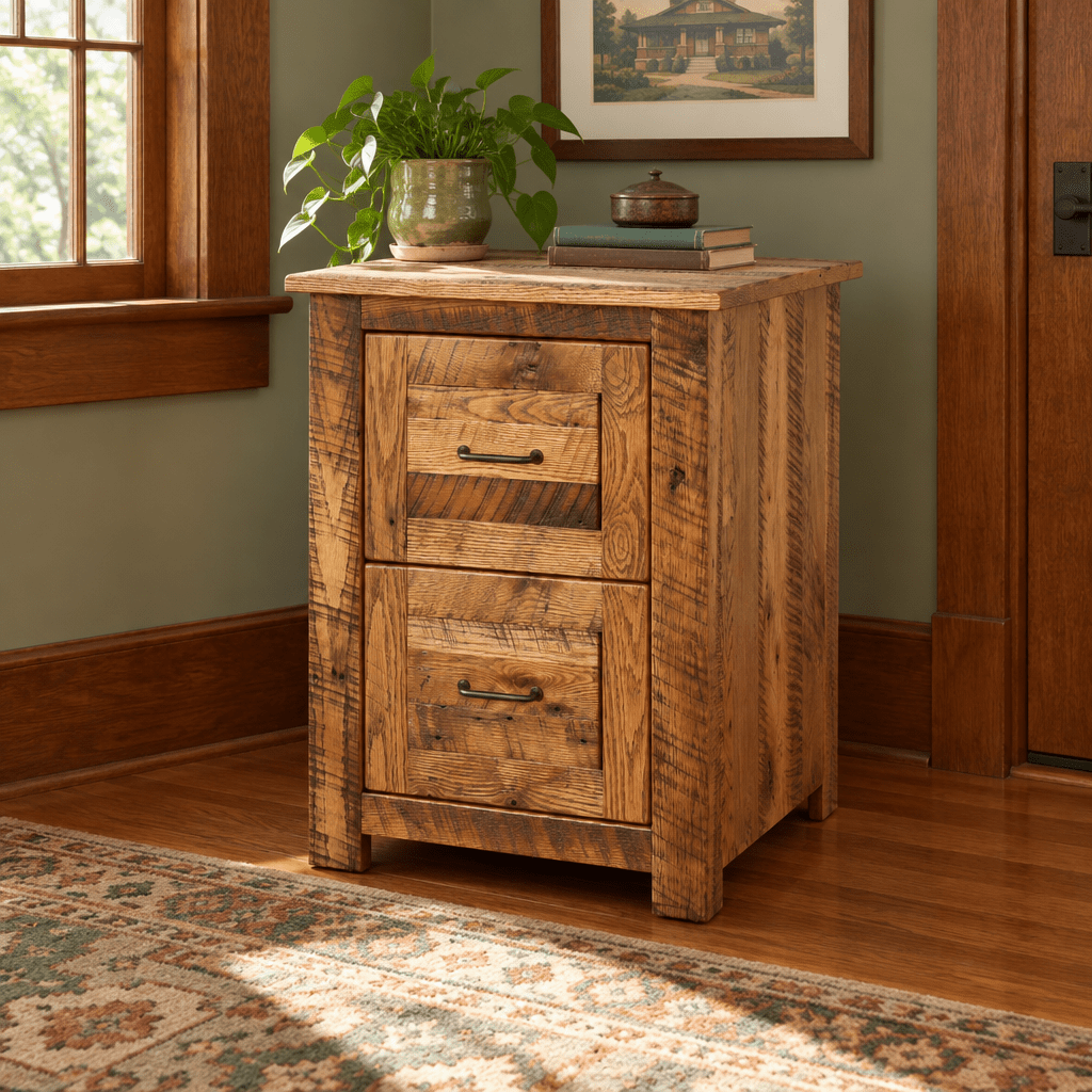 Amish Conewango Rustic Reclaimed Wood File Cabinet shown in the home office of a craftsman bungalow home