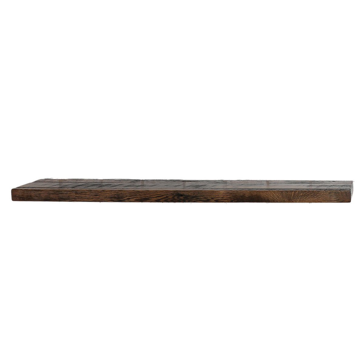 Reclaimed wood floating shelf mounted on white shiplap, holding a vintage clock and small plant above a desk