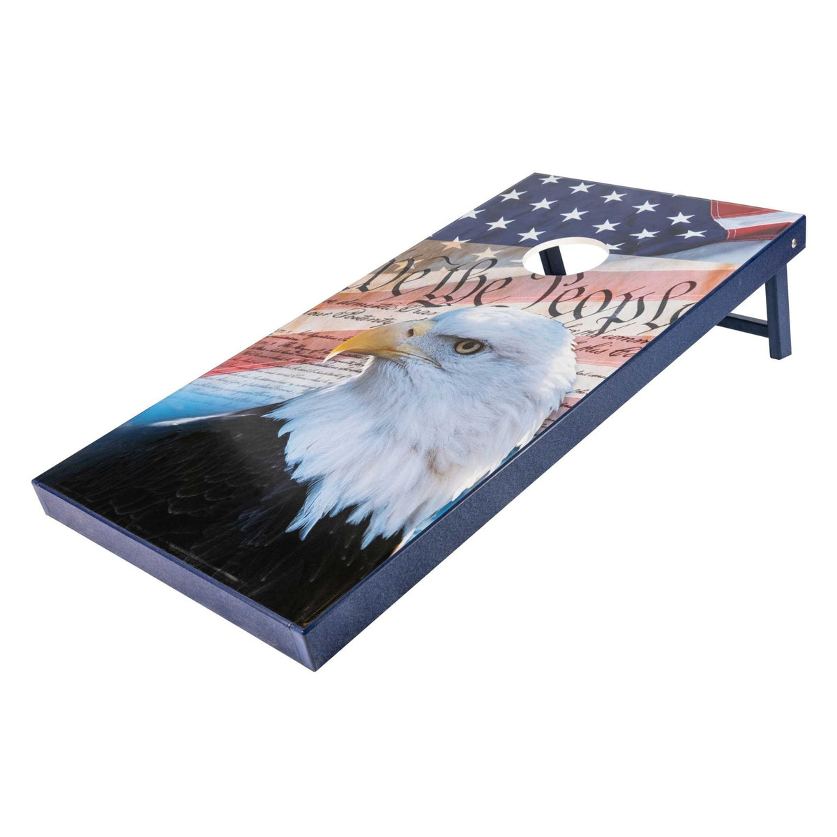 Patriotic cornhole board with bald eagle, American flag and We the People text on a navy blue frame