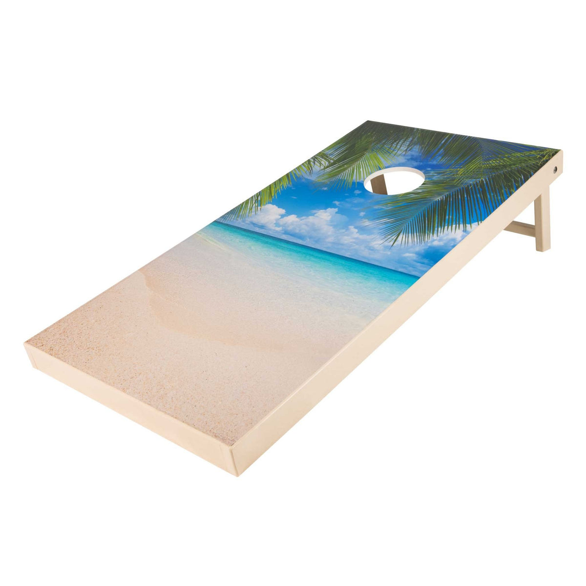 Tropical beach cornhole board with palm fronds, white sand and turquoise water on a light wood frame