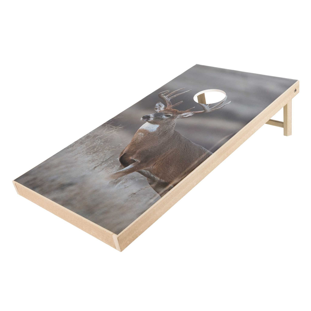 Whitetail buck print cornhole board with natural birch frame and folding legs