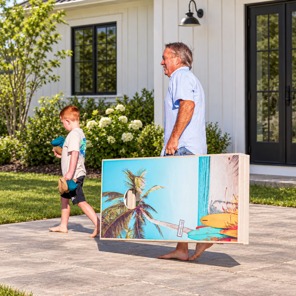 Amish Cornhole Game for Outdoors shown in the back patio of a modern farmhouse home