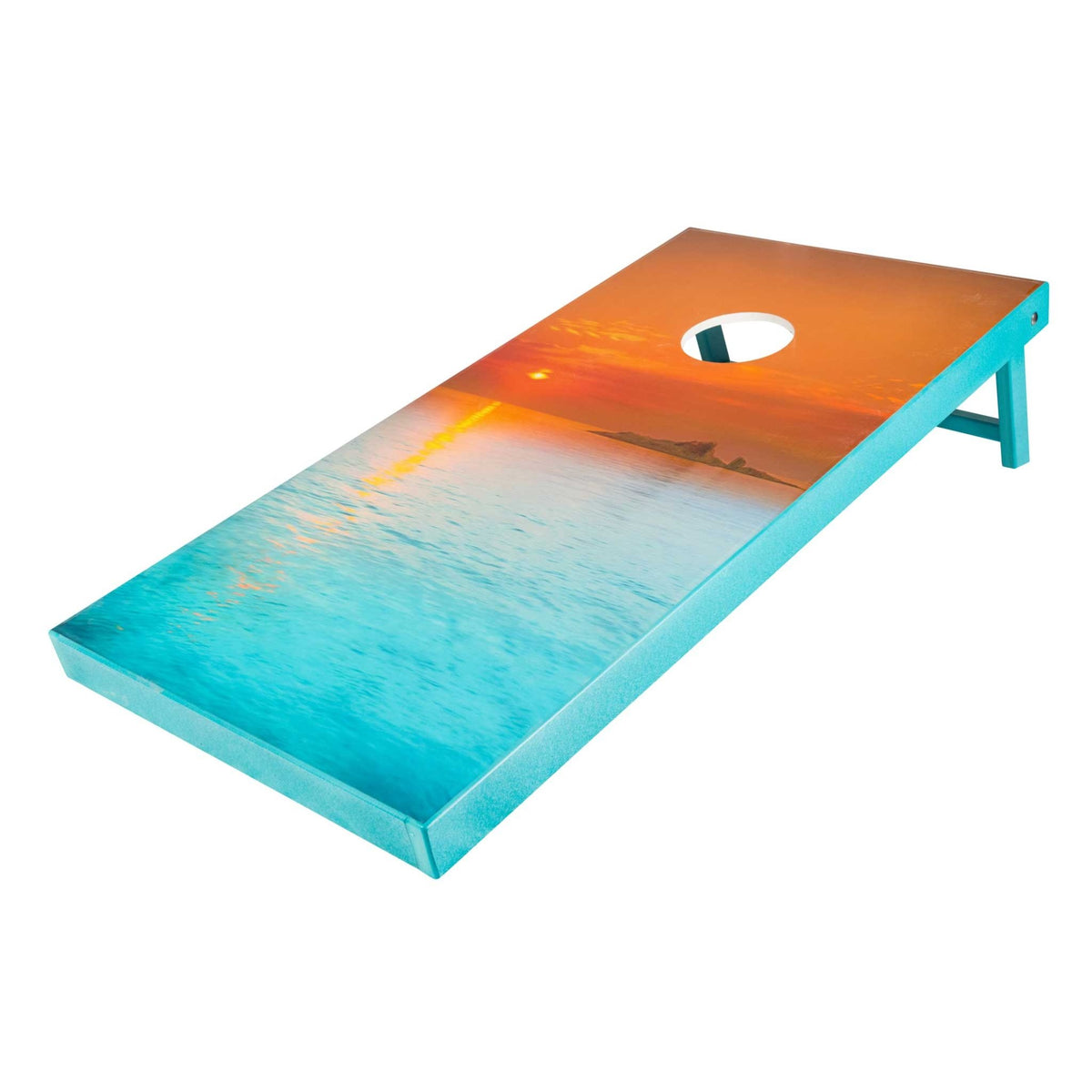 Ocean sunset cornhole board in orange and turquoise tones with a teal painted frame