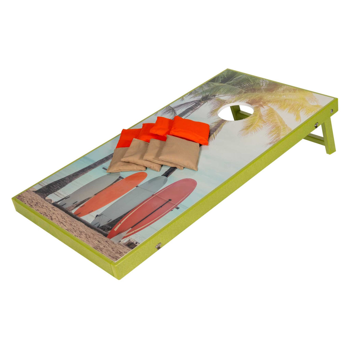 Lime green framed cornhole board with surfboards and palm trees print, orange and tan bean bags on top