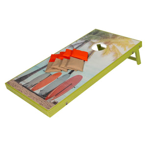 Lime green framed cornhole board with surfboards and palm trees print, orange and tan bean bags on top