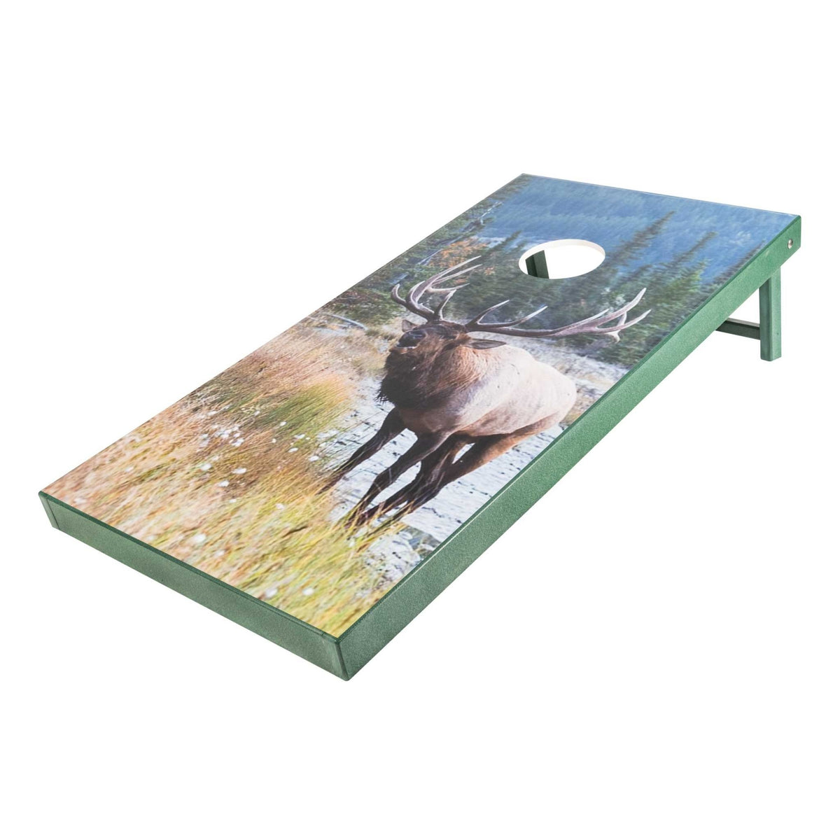 Cornhole board with a bull elk in a mountain meadow print and green painted frame