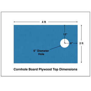 Dimension diagram of the cornhole board plywood top: 4 ft by 2 ft with a 6 inch hole set 9 inches in and 12 inches down