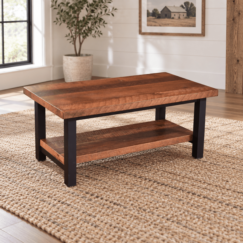 Amish Coronado Reclaimed Wood Coffee Table shown in the living room of a modern farmhouse home