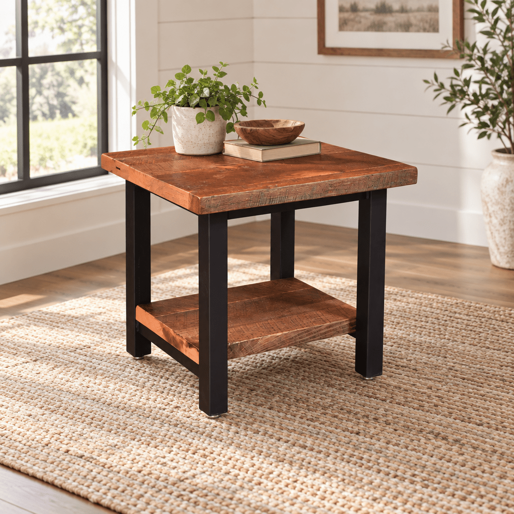 Amish Coronado Reclaimed Wood End Table shown in the living room of a modern farmhouse home