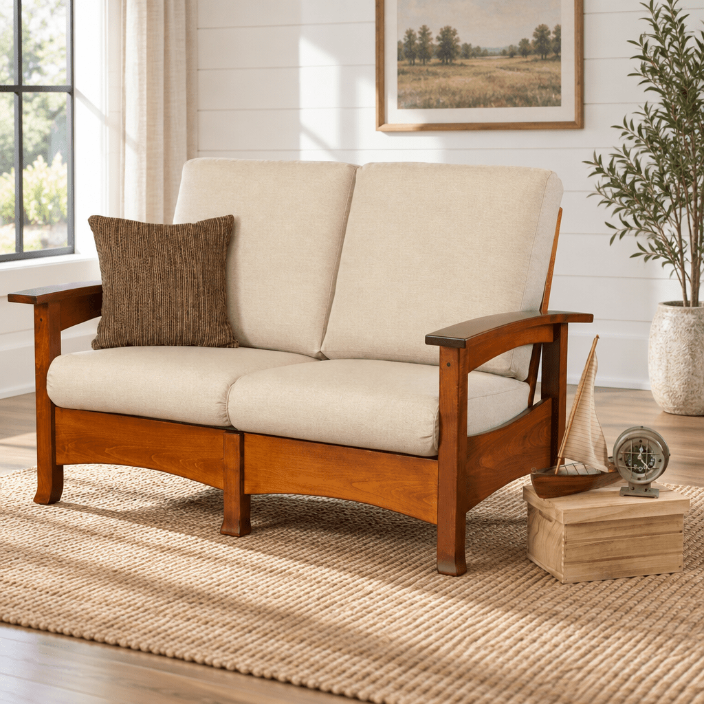 Amish Craftsman Morris Loveseat shown in the living room of a modern farmhouse home