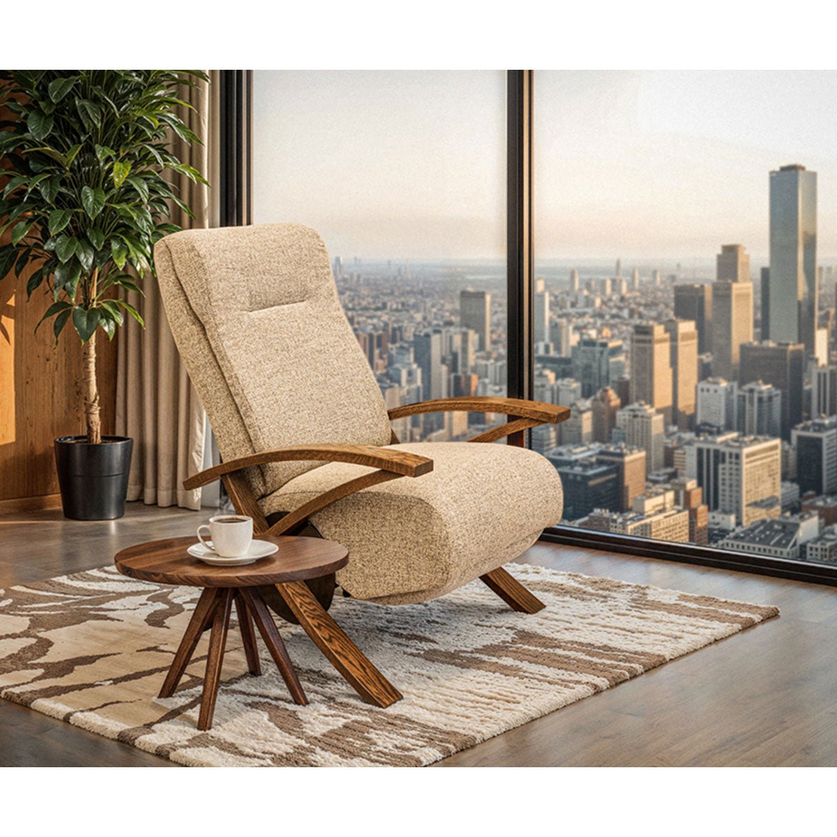 Contemporary wood arm recliner with oatmeal boucle upholstery and curved ash arms beside a round side table