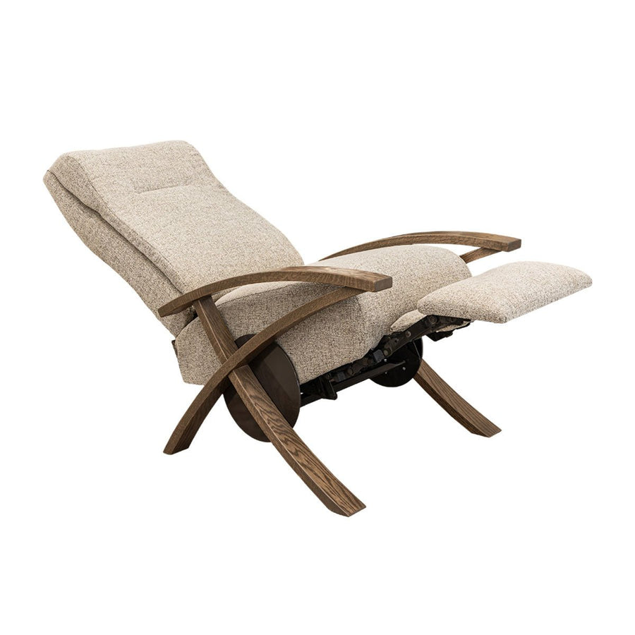 Zero gravity style recliner fully reclined with footrest out, oatmeal fabric and crossed weathered oak legs