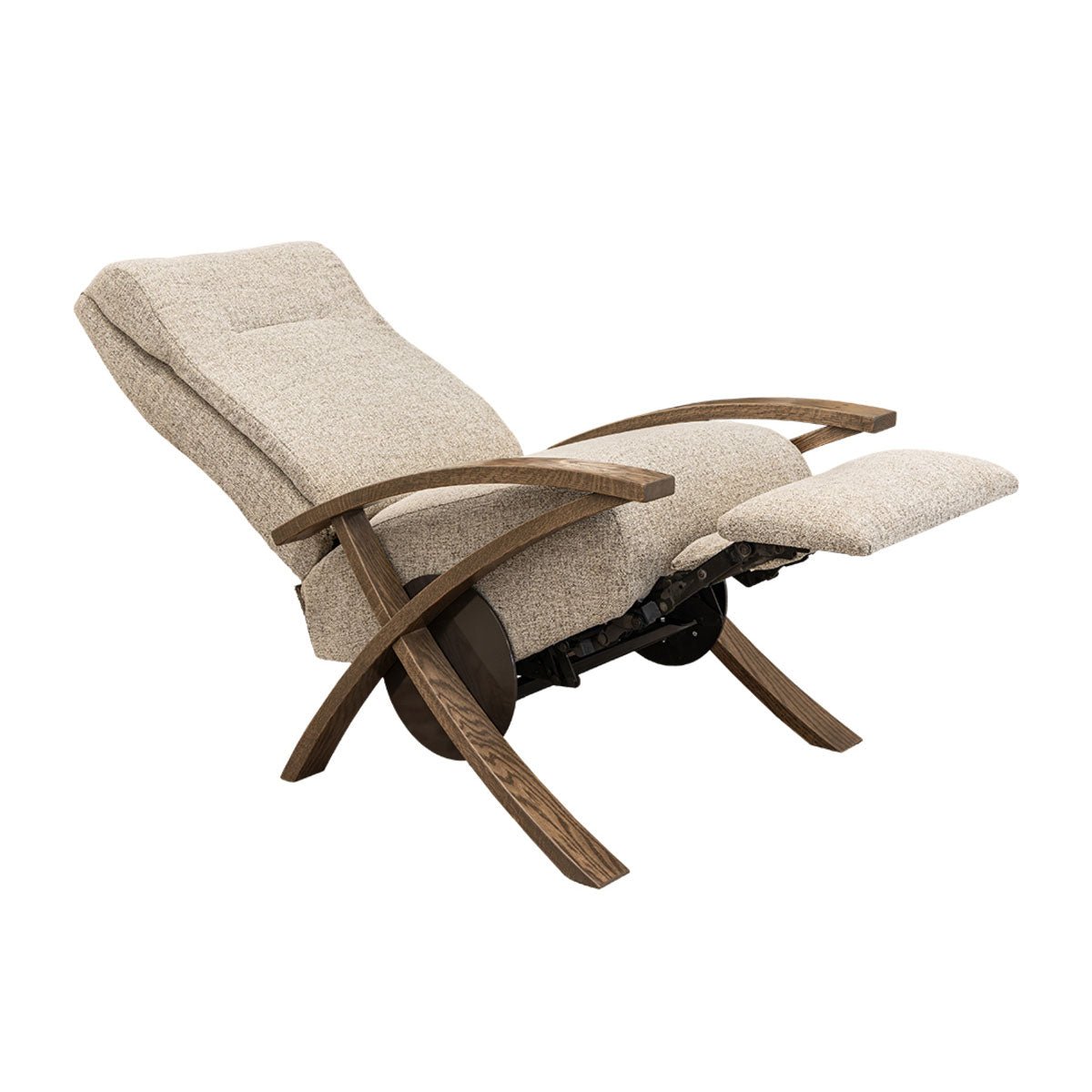 Contemporary wood arm recliner with oatmeal boucle upholstery and curved ash arms beside a round side table