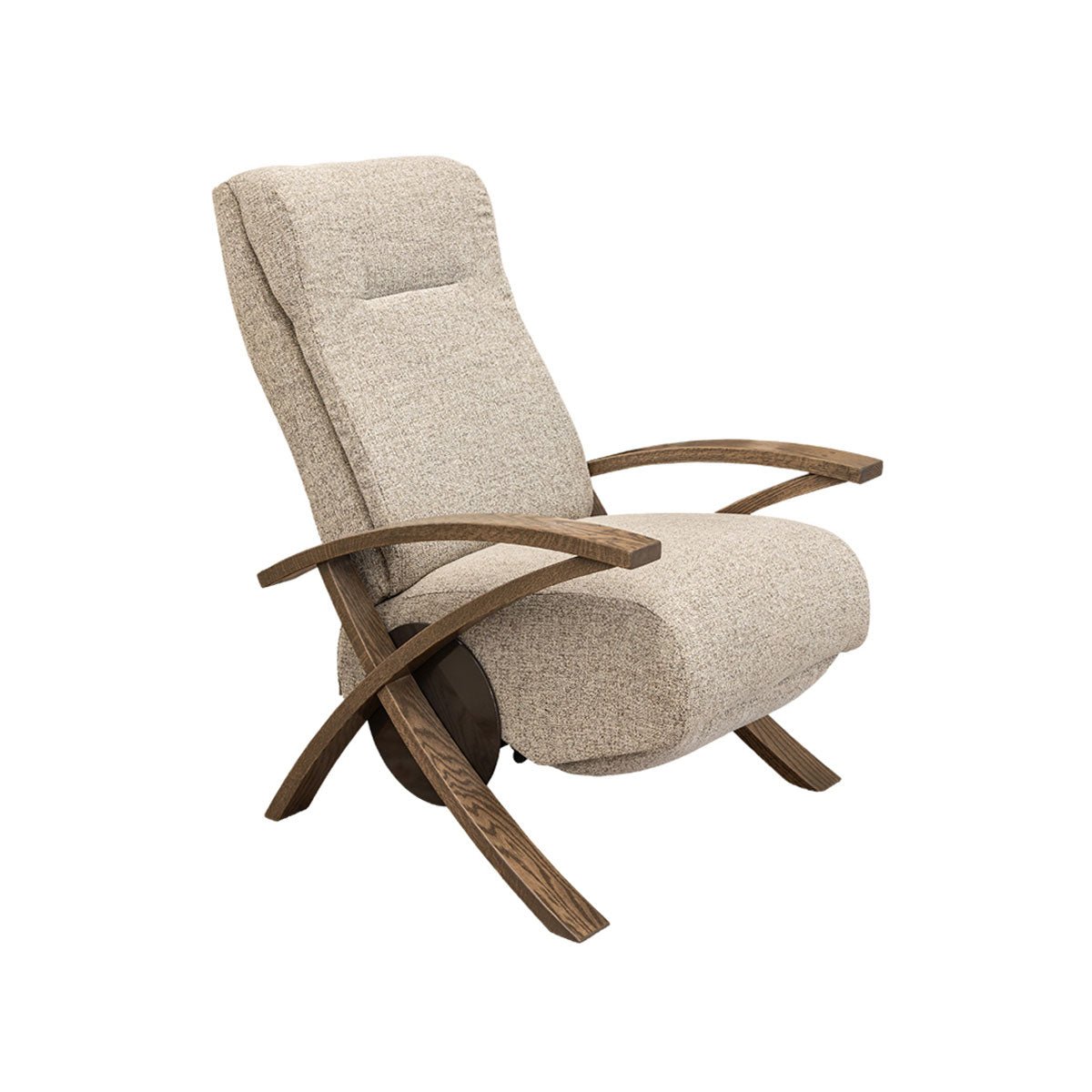 Angled view of a modern recliner with cream boucle seat, sculpted curved arms and crossed wood base