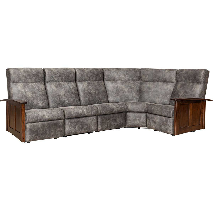 Gray upholstered power corner sectional with Mission slatted oak side panels and paneled arms, shown on a white background