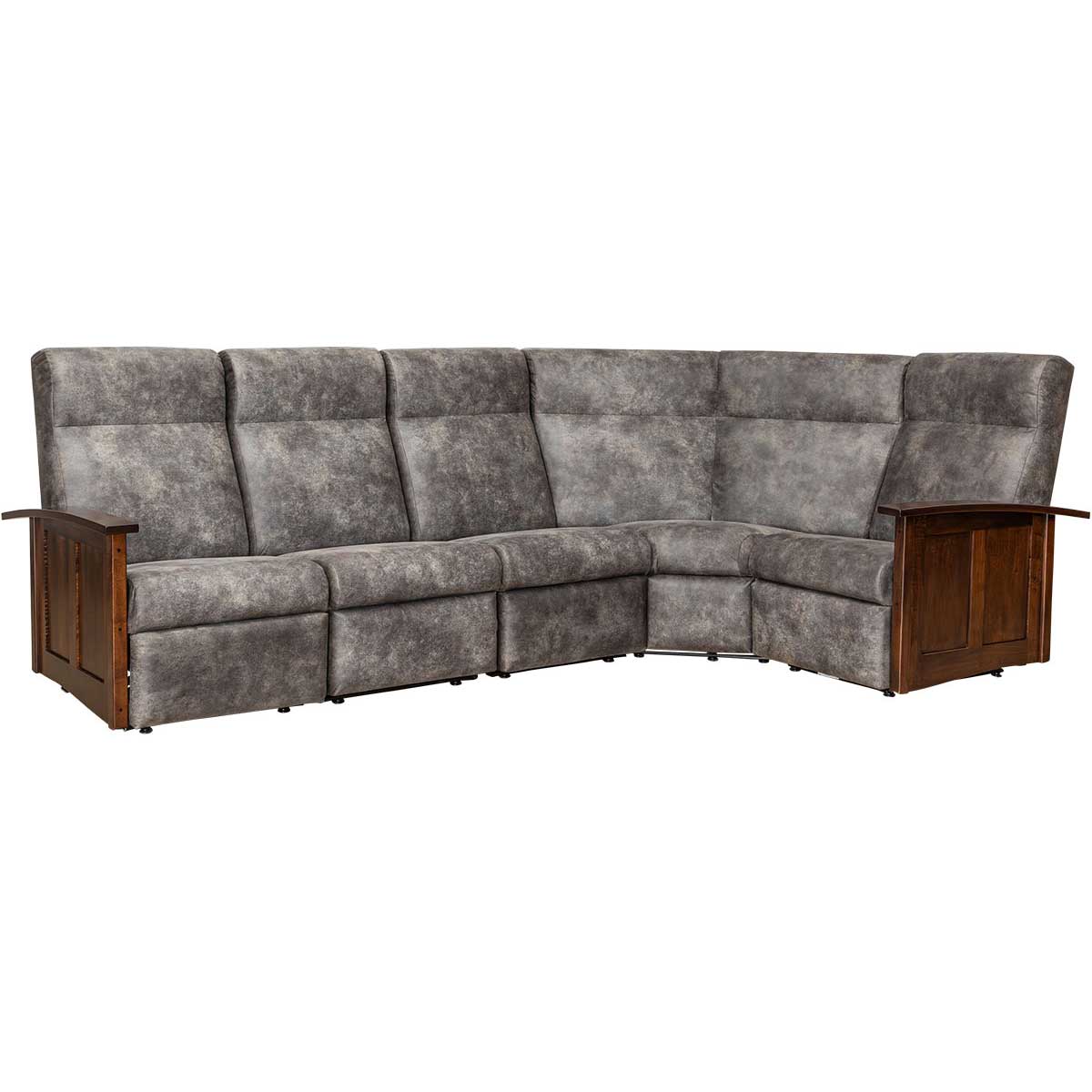 Gray upholstered power corner sectional with Mission slatted oak side panels and paneled arms, shown on a white background