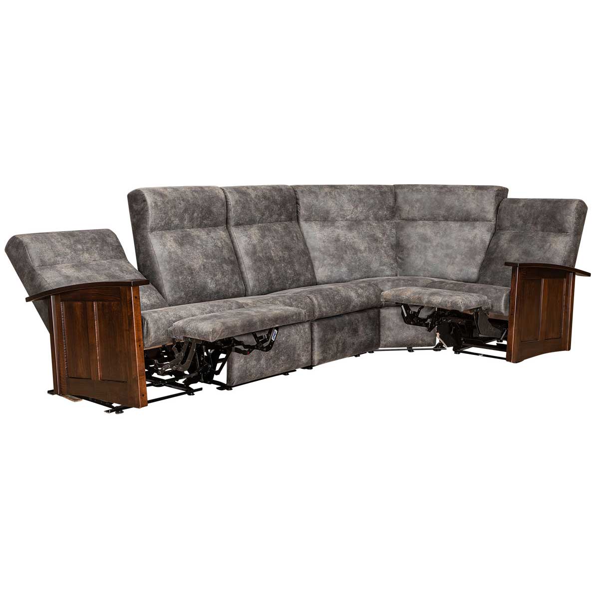 Gray power reclining sectional with both end seats extended, showing footrests and steel recline mechanisms under oak arms