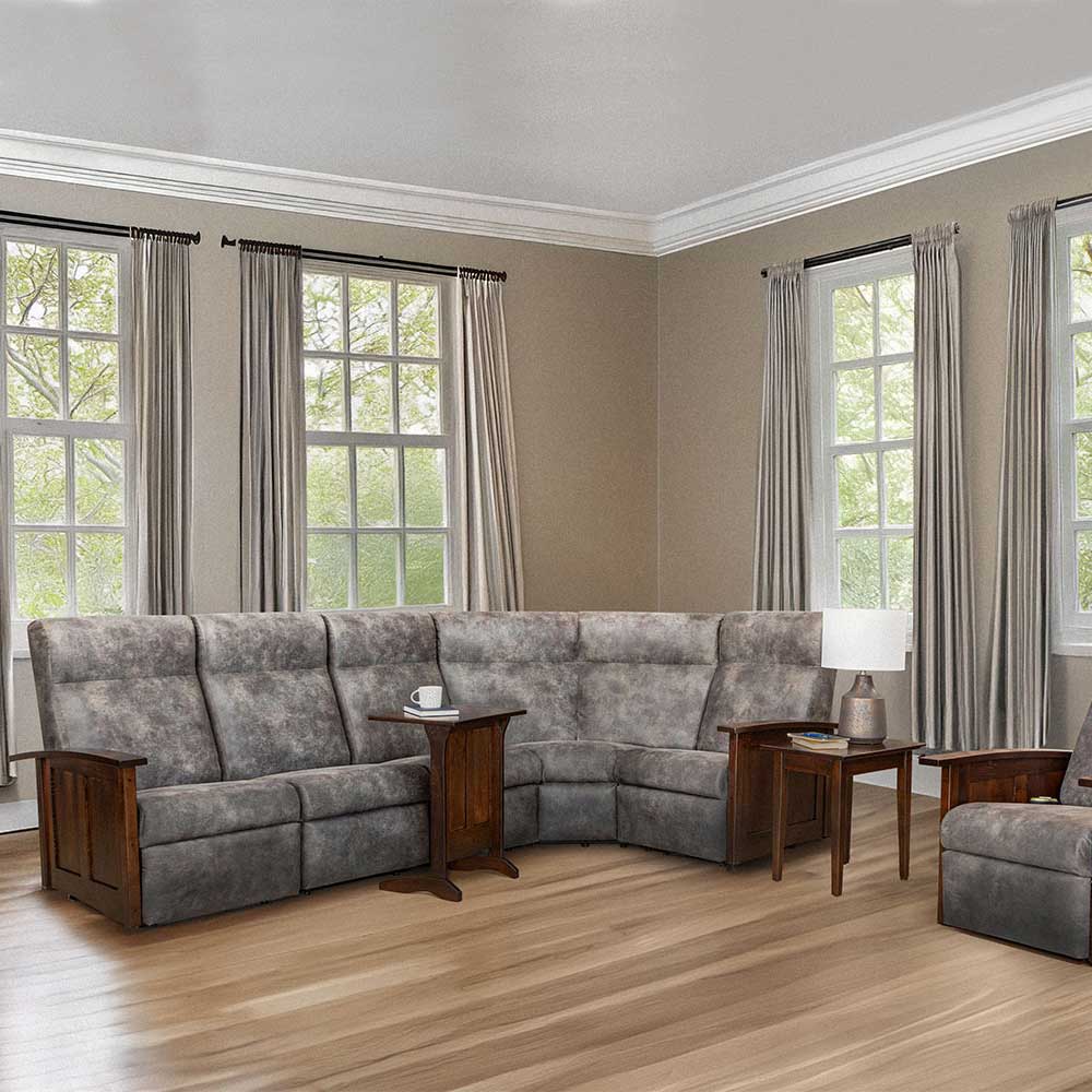 Gray fabric wall hugger power corner sectional with paneled cherry wood arms, wedge corner seat and matching end tables