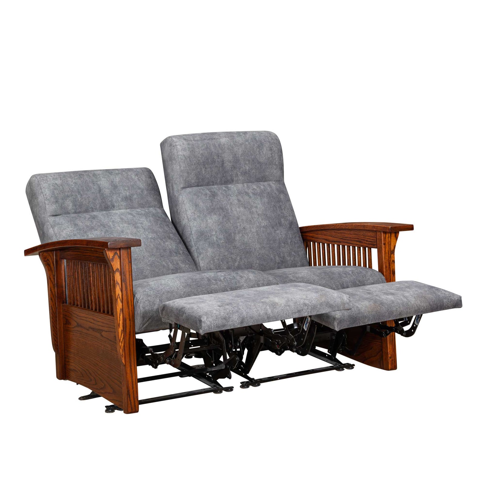 Gray wall hugger power reclining loveseat with two seats, oak slat side panels and wide flat wooden arms