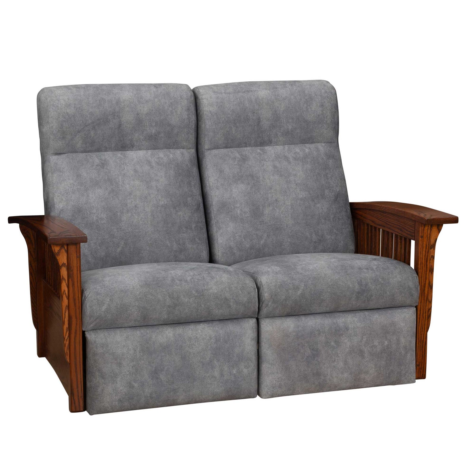 Gray wall hugger power reclining loveseat with two seats, oak slat side panels and wide flat wooden arms