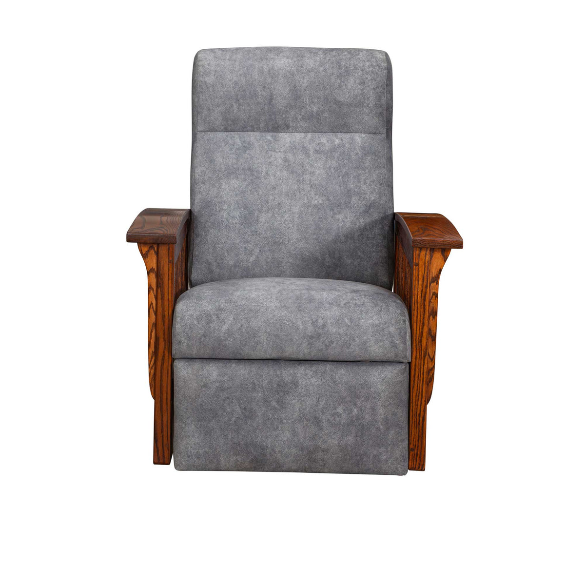 Front view of a gray upholstered power recliner with oak arms and vertical slat side panels on a white background