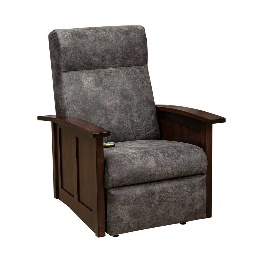 Wall hugger power recliner in gray upholstery with dark cherry paneled sides and flat wooden arms