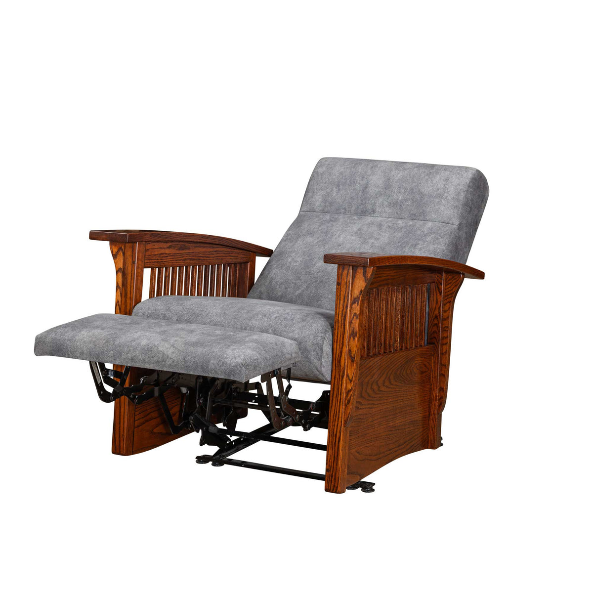 Oak wall hugger power recliner shown reclined with the footrest extended and slatted side panels visible