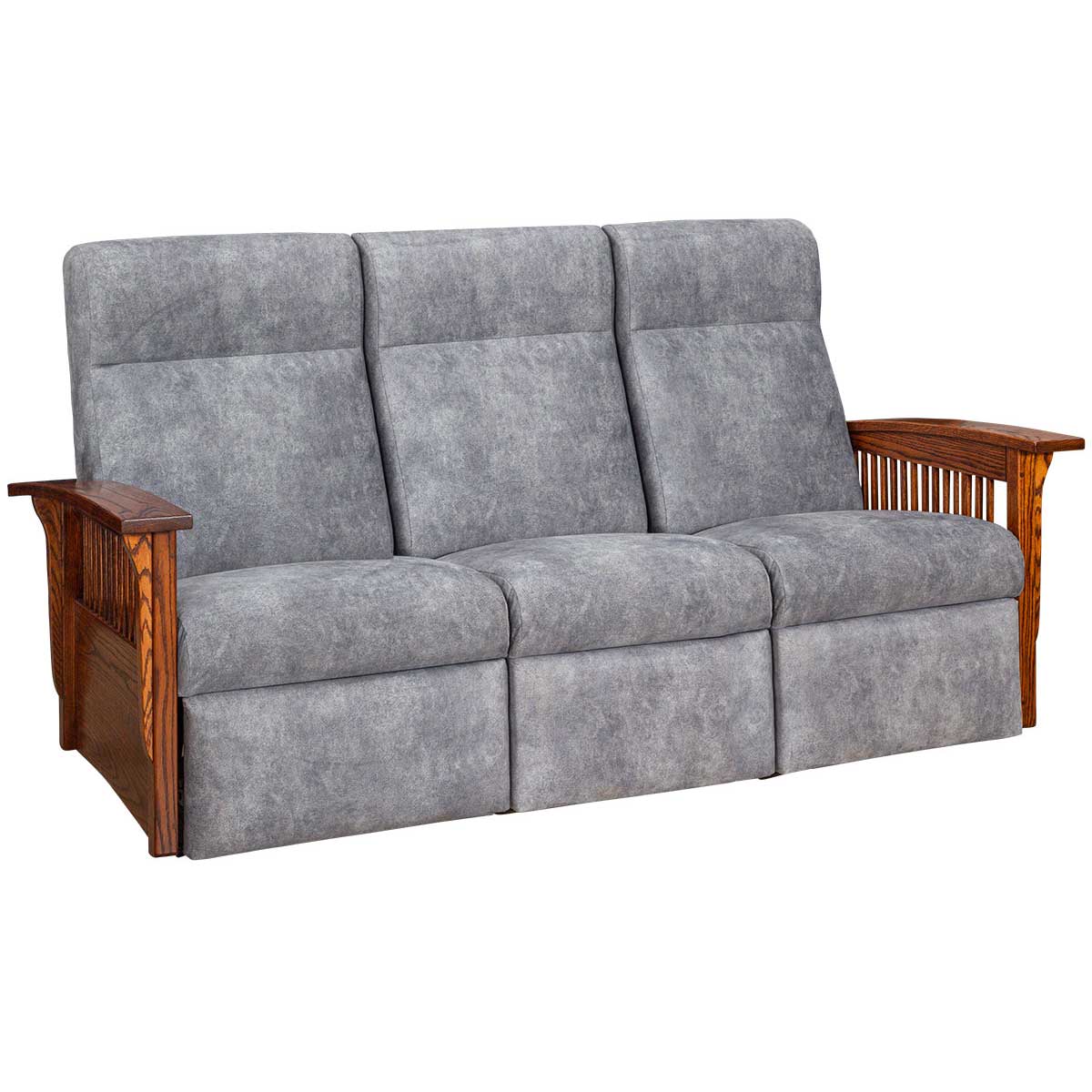 Three seat wall hugger power reclining sofa in gray upholstery with oak slat side panels and wide flat arms
