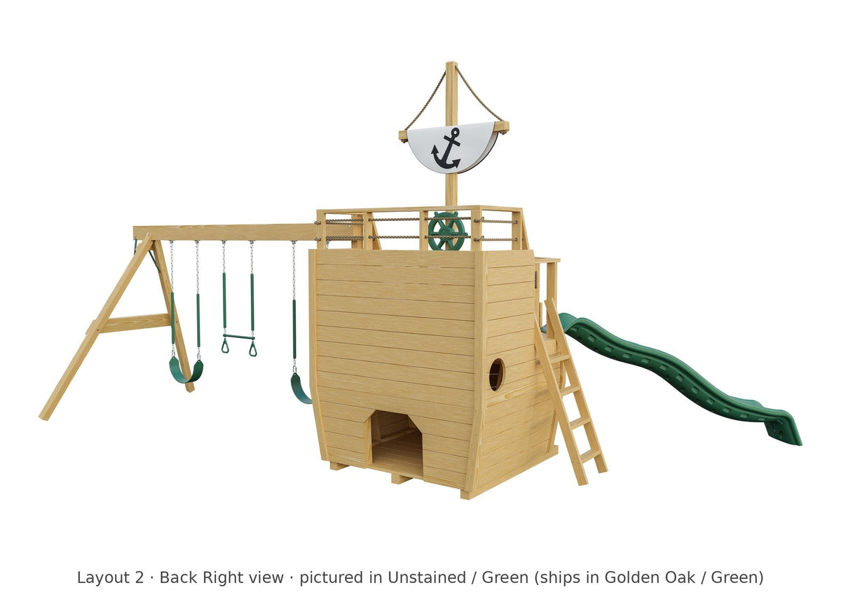 Amish Cutter Wooden Swing Set & Playset Kit – Layout 2, back right view (shown in Unstained with Green accents)