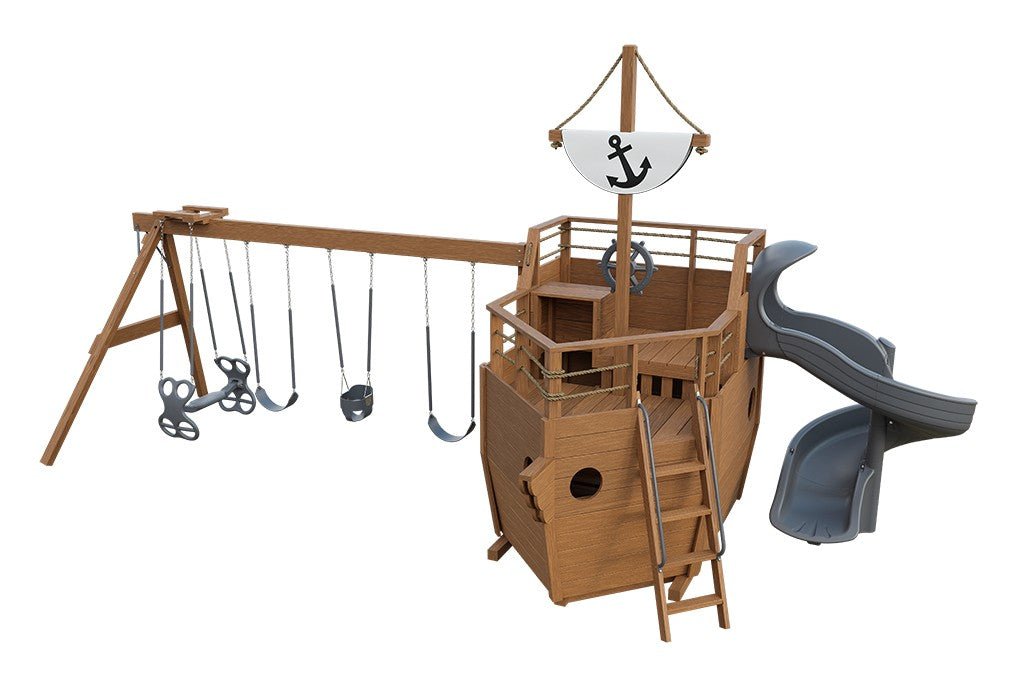 Cutter wooden playset Layout 3 in sepia brown stain, gray accents