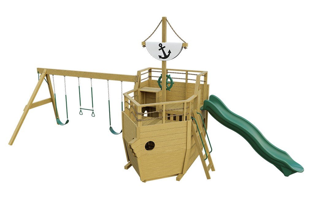 Cutter wooden playset Layout 2 in golden oak stain, green accents