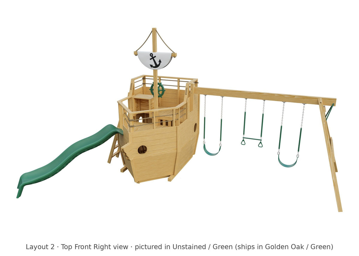 Amish Cutter Wooden Swing Set & Playset Kit – Layout 2, top front right view (shown in Unstained with Green accents)