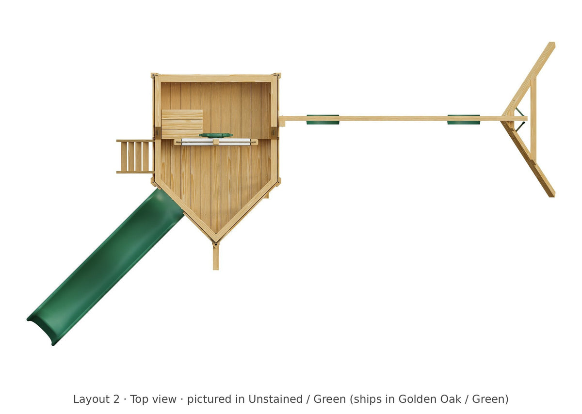 Amish Cutter Wooden Swing Set & Playset Kit – Layout 2, top view (shown in Unstained with Green accents)