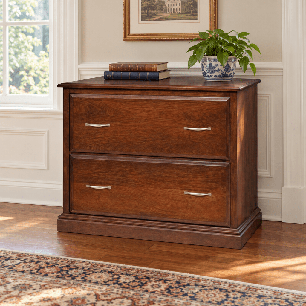 Amish Danville Traditional Solid Wood Lateral File Cabinet shown in the home office of a traditional colonial home