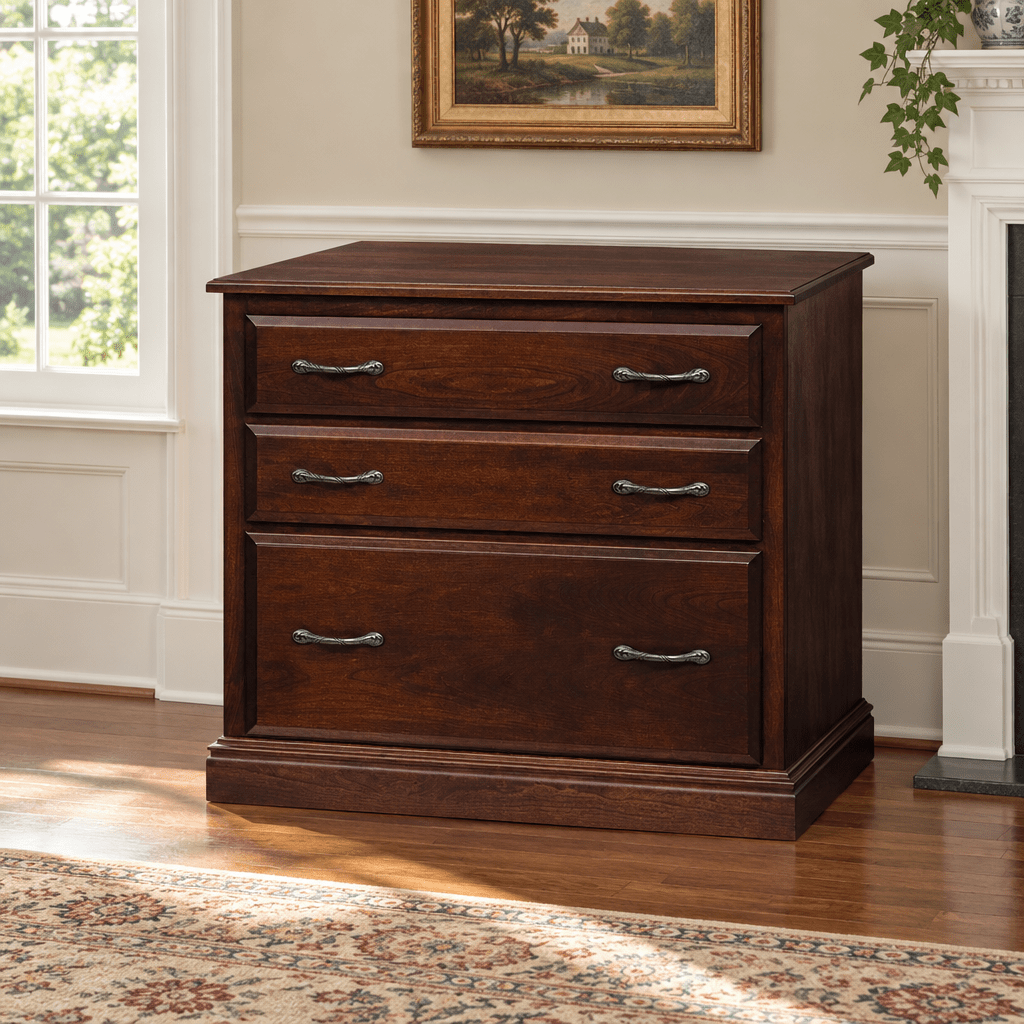 Amish Danville Traditional Solid Wood Media Cabinet shown in the living room of a traditional colonial home