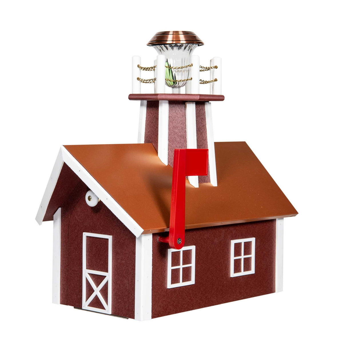 Cherry red poly barn mailbox topped with a solar lighthouse tower, copper roof, white trim and red flag