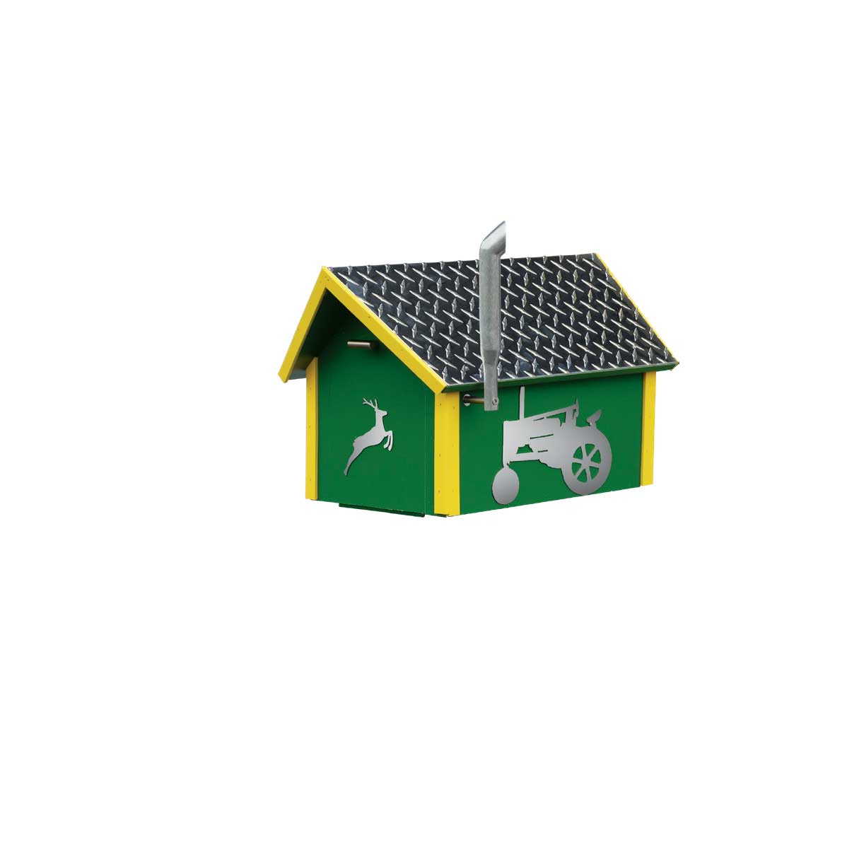 Green and yellow barn shaped mailbox with diamond plate roof, silver tractor and leaping deer cutouts