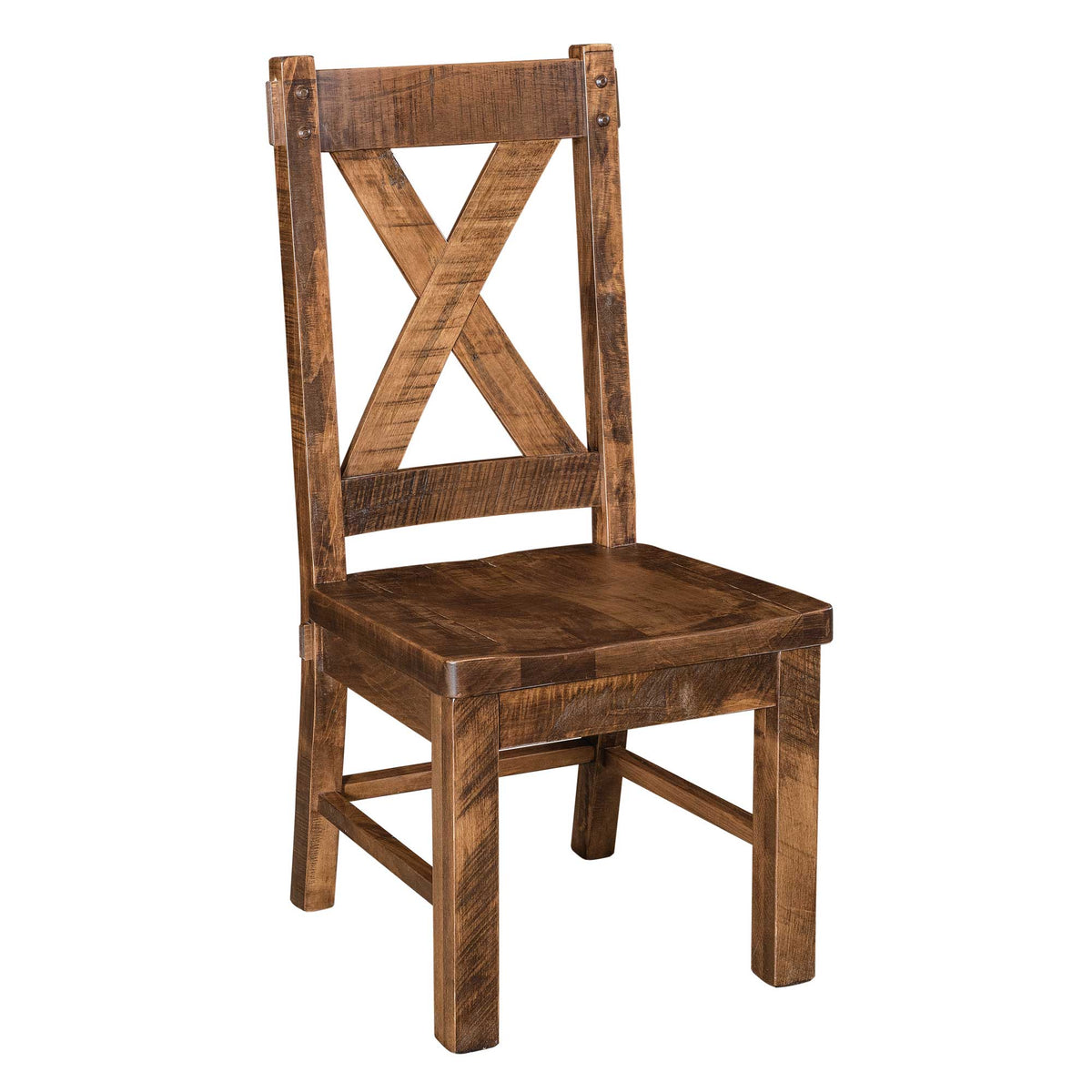 Rustic sawmarked X back dining chair with a wide crest rail, plank seat and square posts on a white background