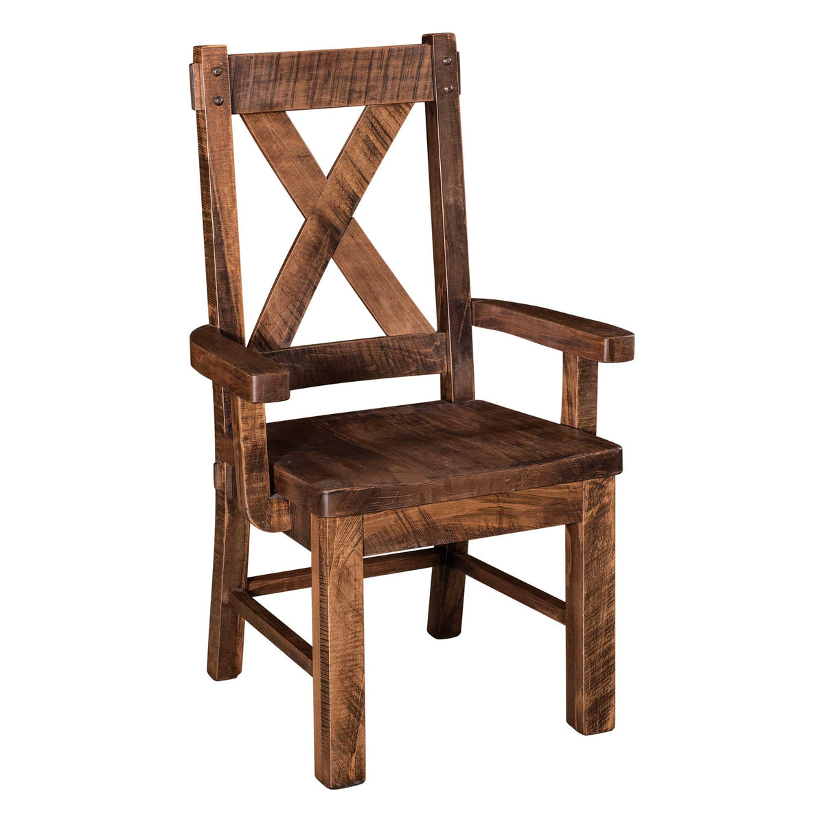 Rustic X back dining arm chair in distressed maple with flat arms, plank seat and visible bolt hardware