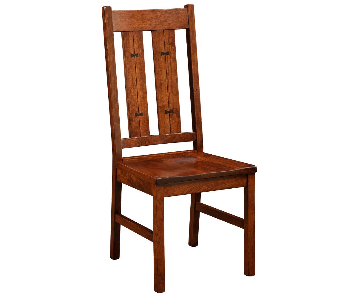 Mission oak dining side chair with two wide back slats, ebony bow tie inlays and a saddle wood seat